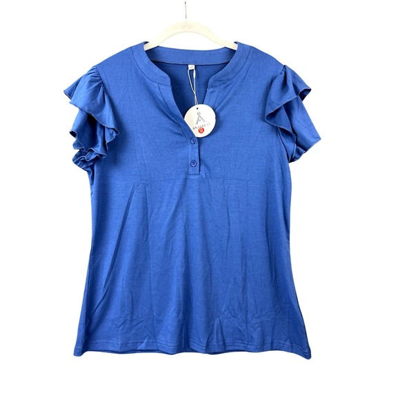 Other Tops - ANRABESS Ruffle Sleeve Henley Top Cobalt Blue NWT Women's M